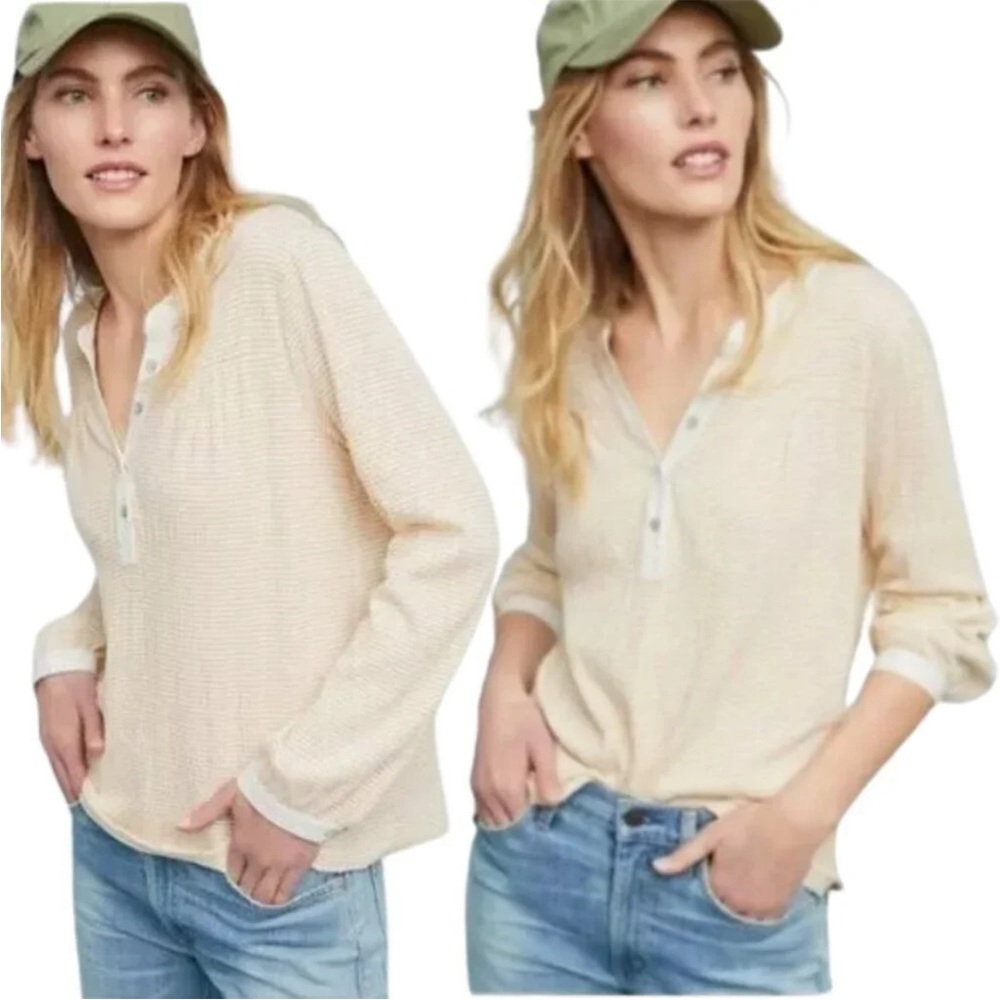 Anthropologie Dolan Long‎ Sleeve Striped Henley Top Blouse Women's Small Yellow